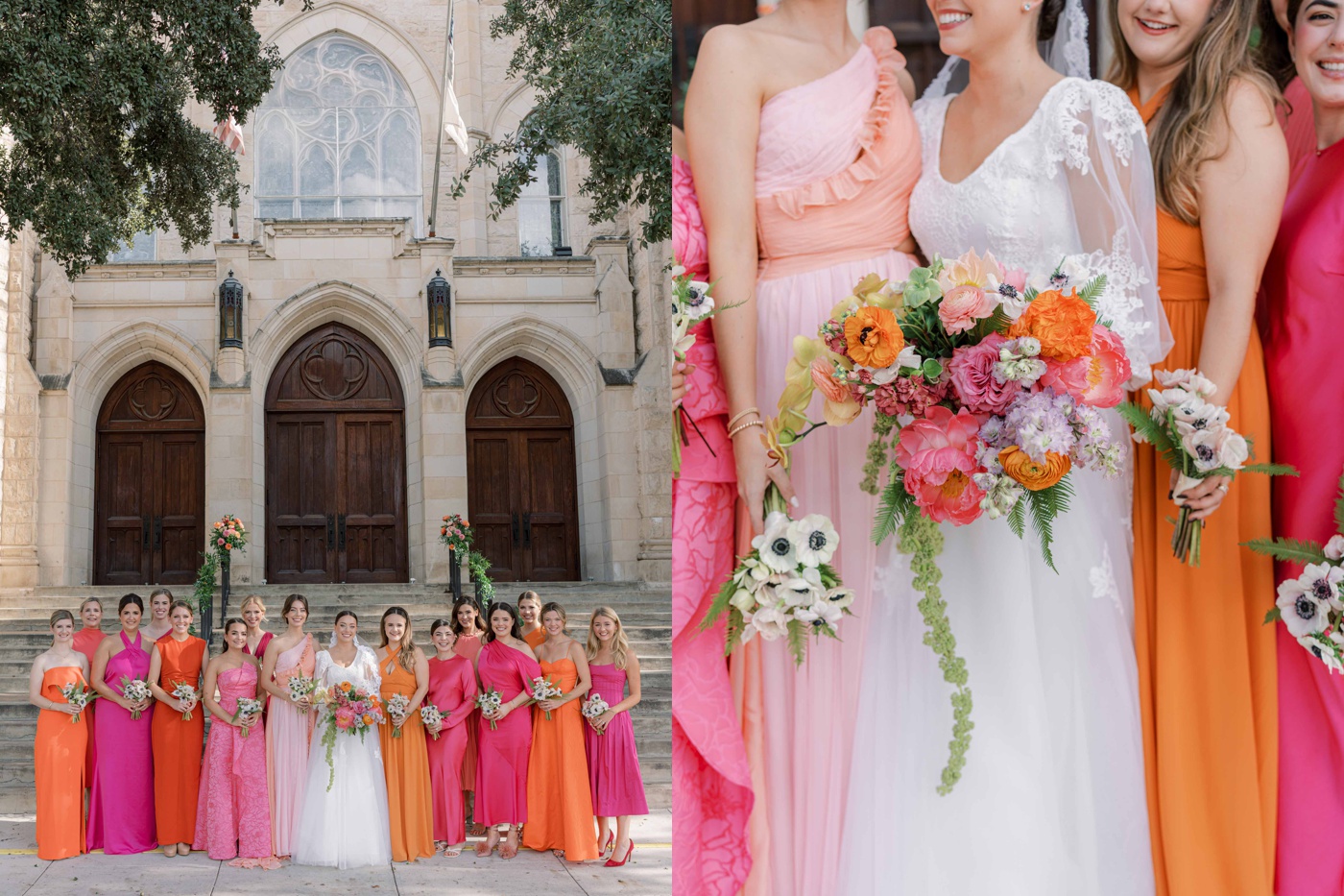 Bride holding a colorful wedding bouquet with coral charm peonies and orange ranunculus