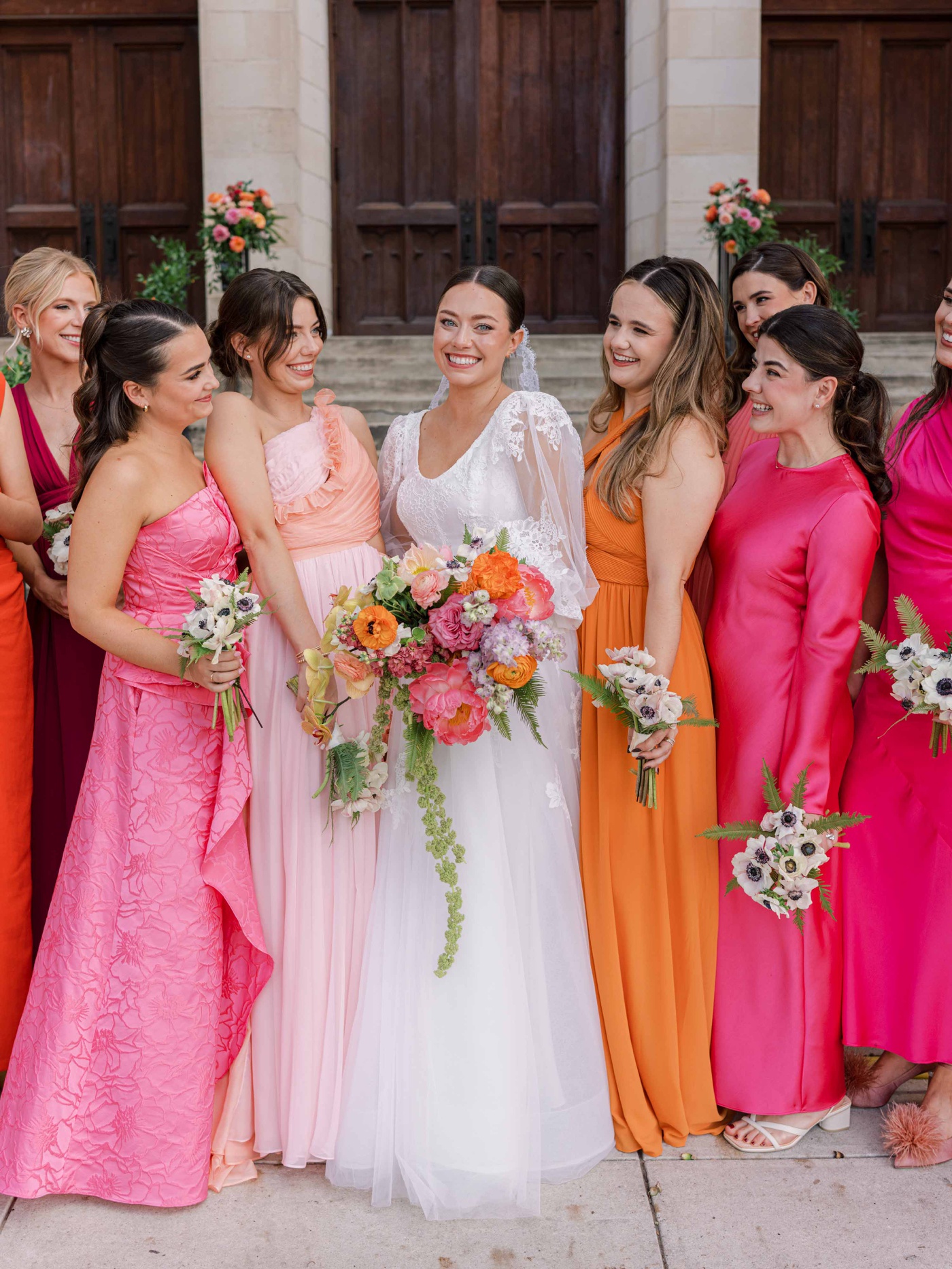 Bridal party portraits in front of First Presbyterian Church in San Antonio
