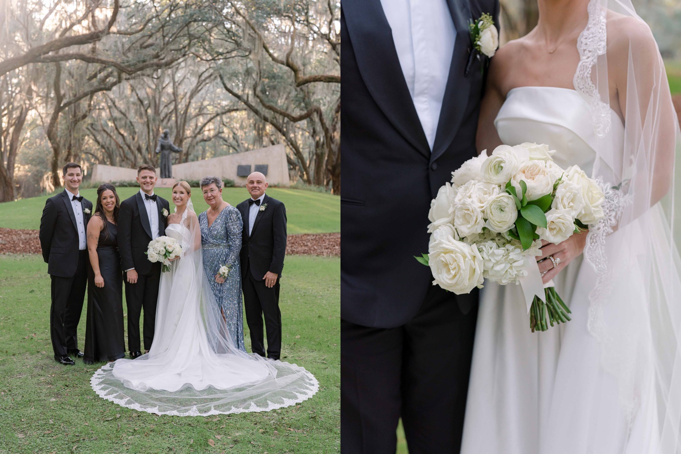 Bride holding a white wedding bouquet filled with garden roses and hydrangeas