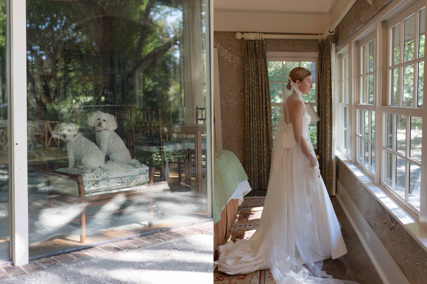 Bride standing at a window in her wedding gown