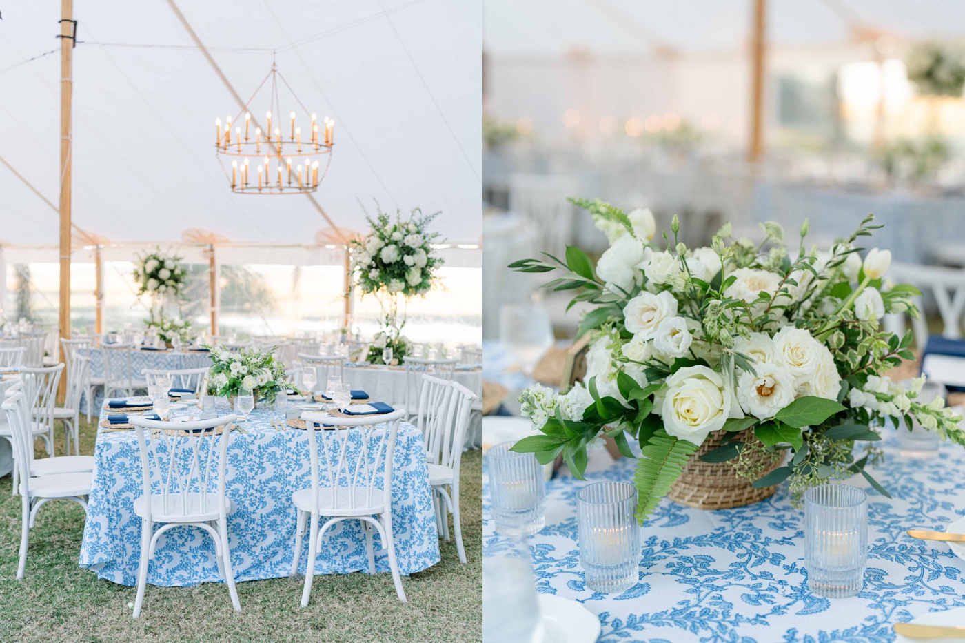 White floral centerpiece with roses and lisianthus in a basket textured bud vase