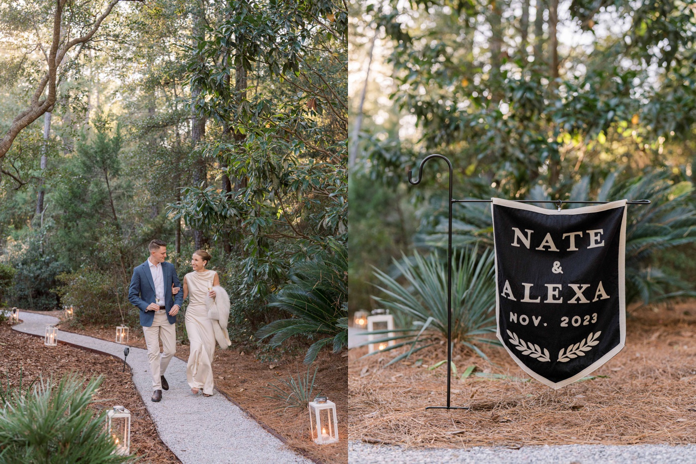 Black and gold custom sign with the bride and groom's names at a wedding welcome party