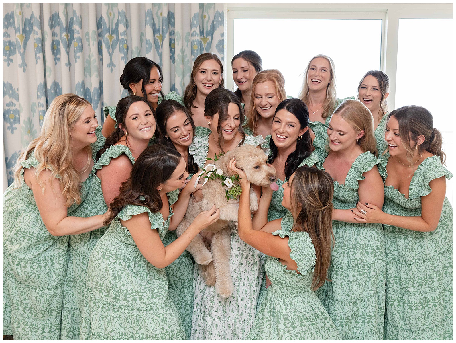 bridesmaids with golden doodle in hillhouse dresses for wedding in amelia island