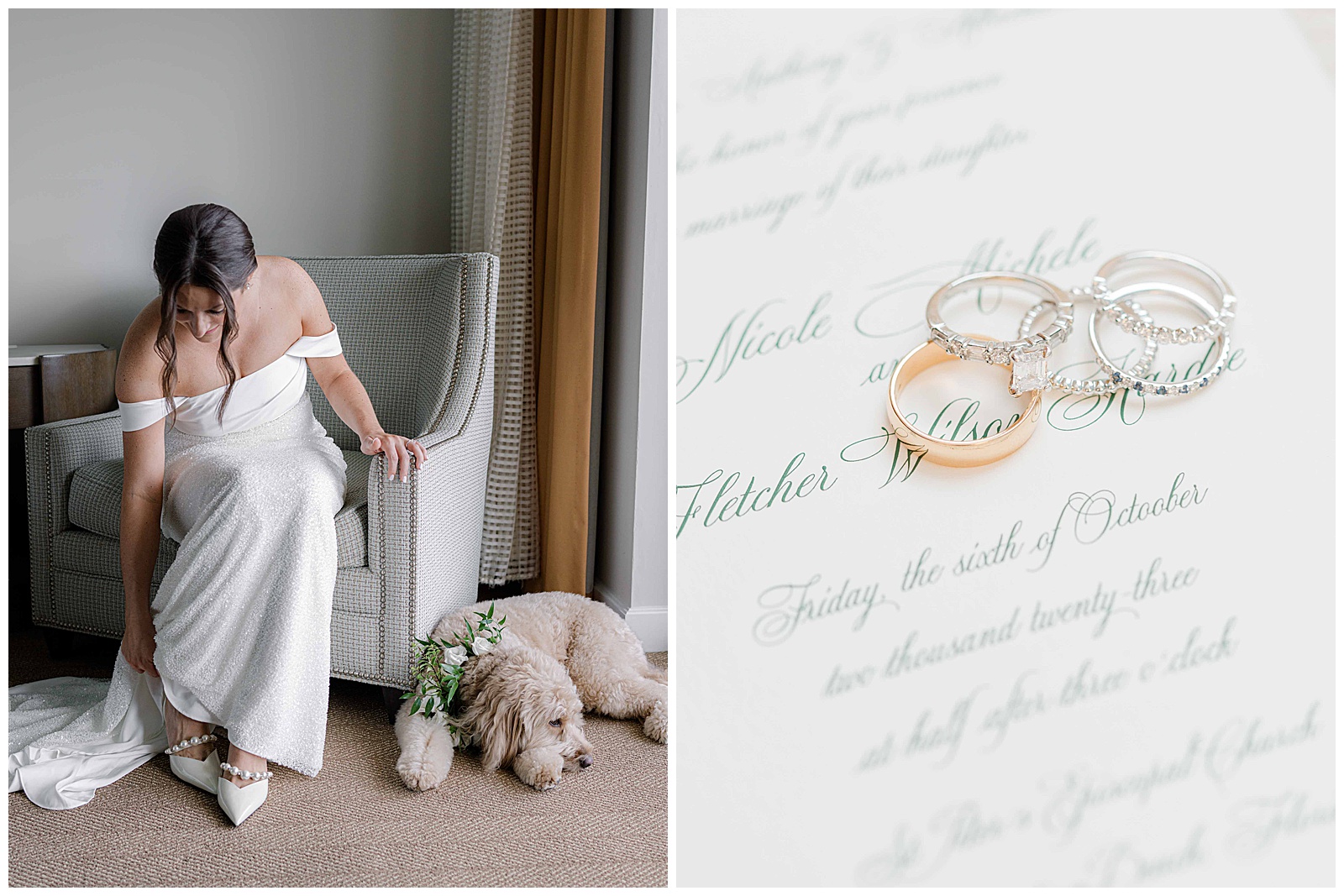 bride getting ready on wedding day with golden doodle