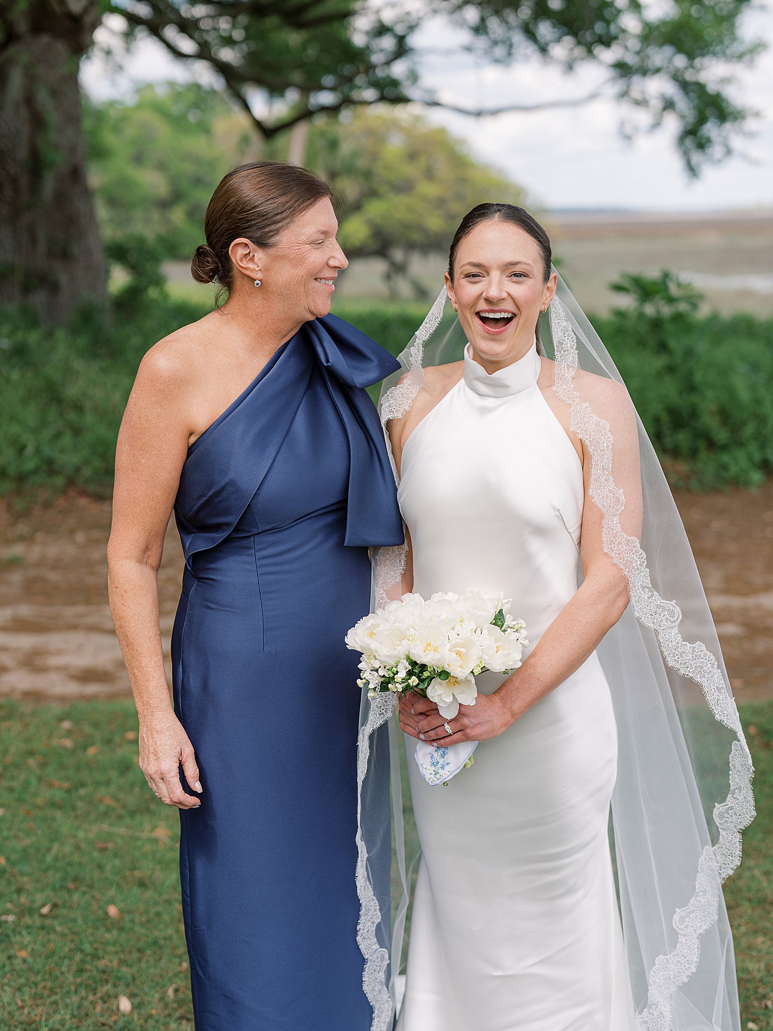 bride and mom on wedding day at spring island