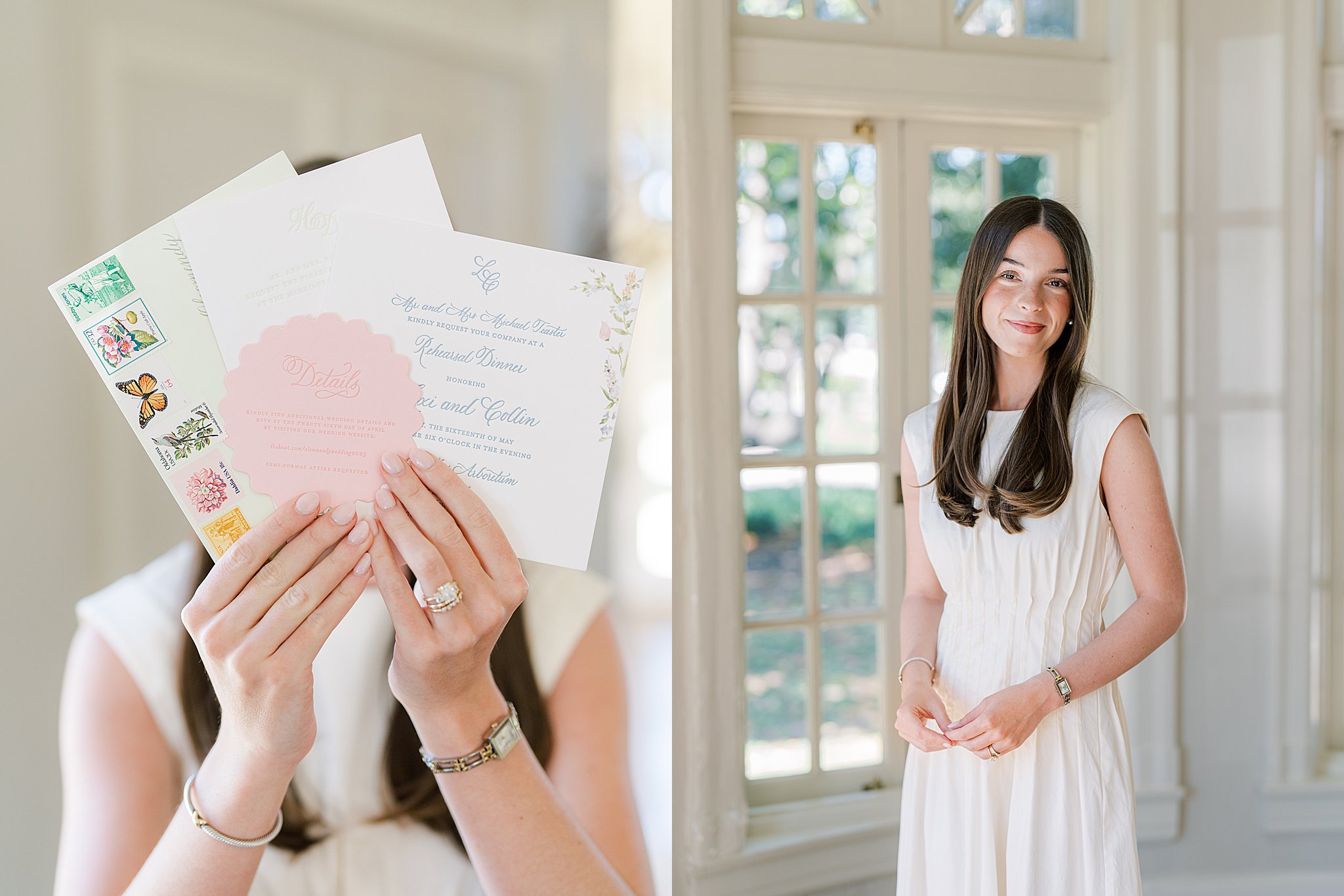 Emily from Parlor Paperie holding custom wedding stationery during branding photography session at The Mansion at Woodward Park in Tulsa.