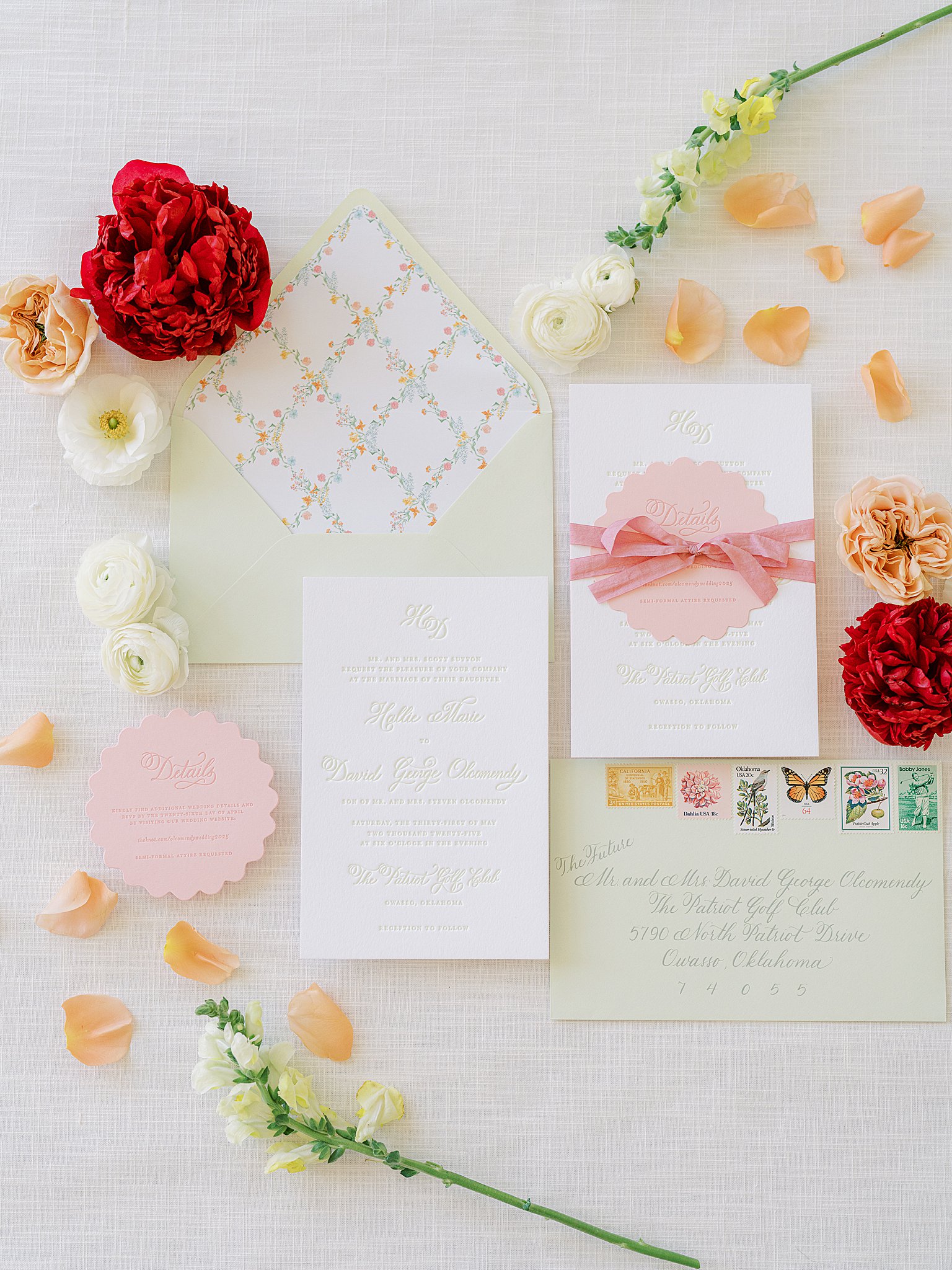 Flatlay of Parlor Paperie’s bespoke wedding stationery photographed during Tulsa branding session at The Mansion at Woodward Park.