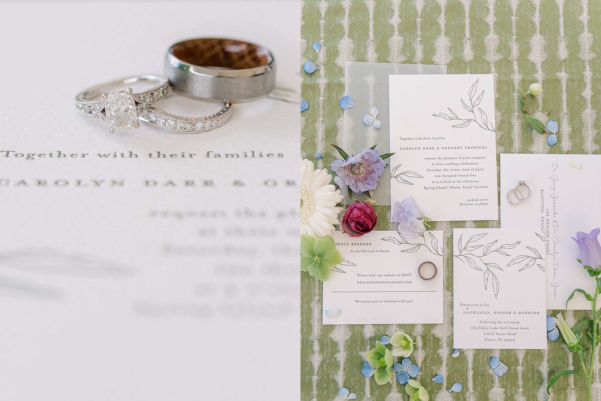 Vibrant purple and green wedding florals and bridal accessories captured by destination wedding photographer in South Carolina.