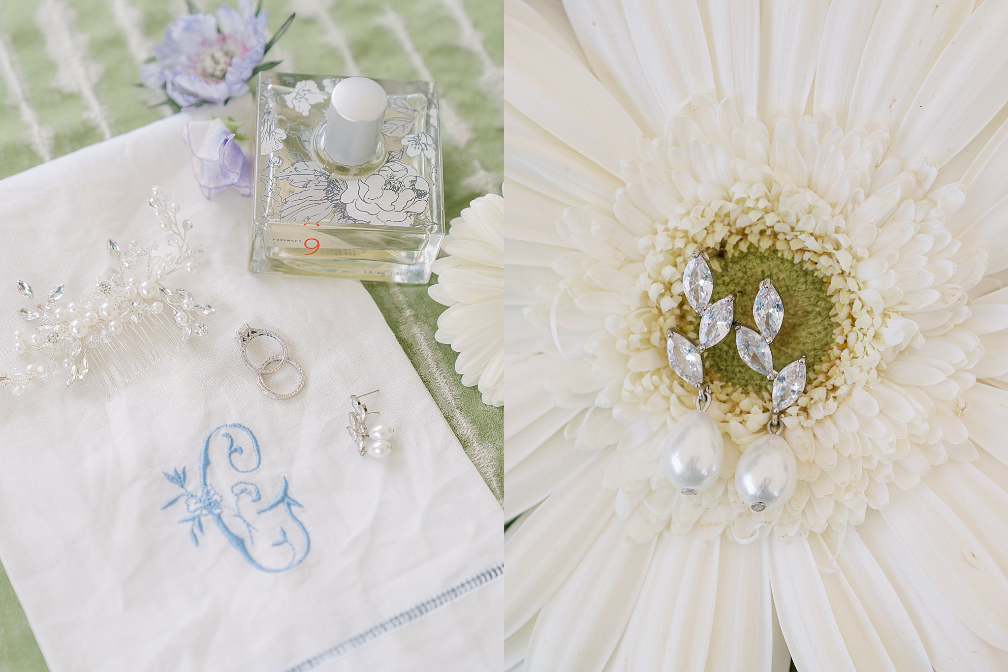 Vibrant purple and green wedding florals and bridal accessories captured by destination wedding photographer in South Carolina.