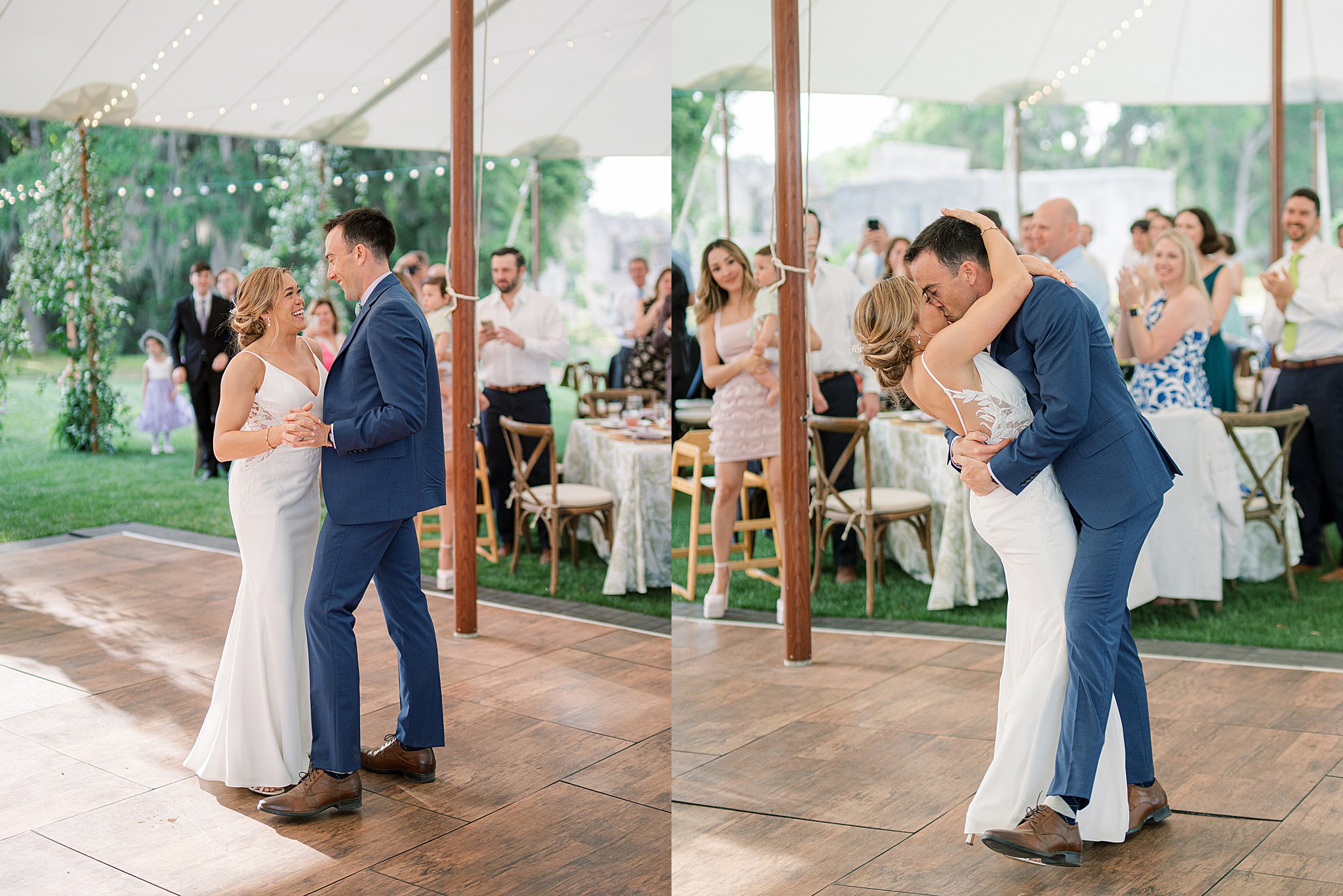 Bride and groom share first dance under tented reception captured by destination wedding photographer Holly Felts.