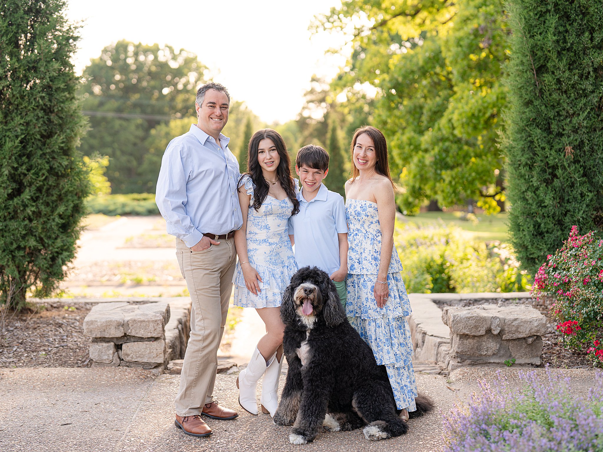 The Sack Family smiling together during their Tulsa family photos at Woodward Park.