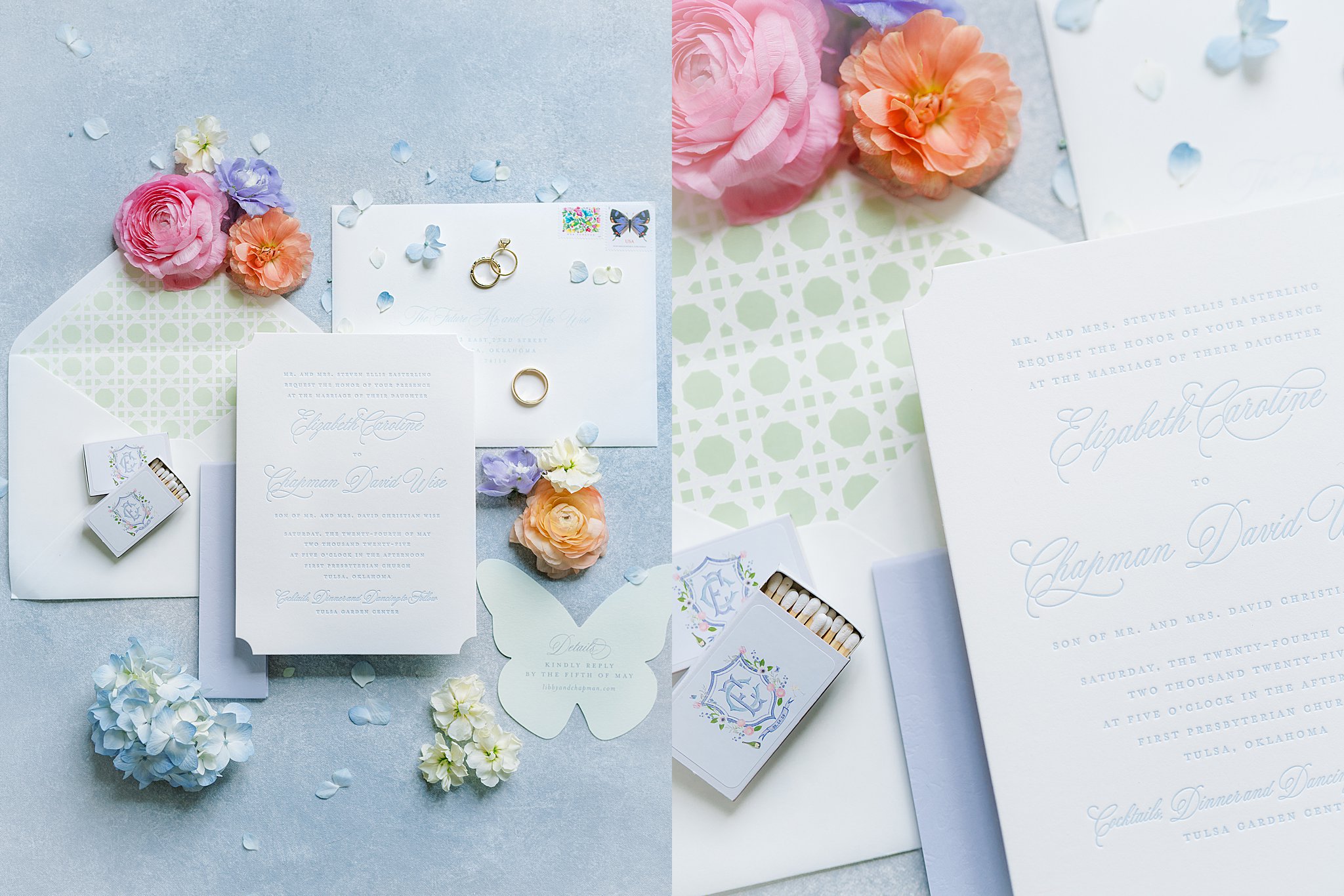 Tulsa wedding photography of wedding rings, invitations, and decorative details