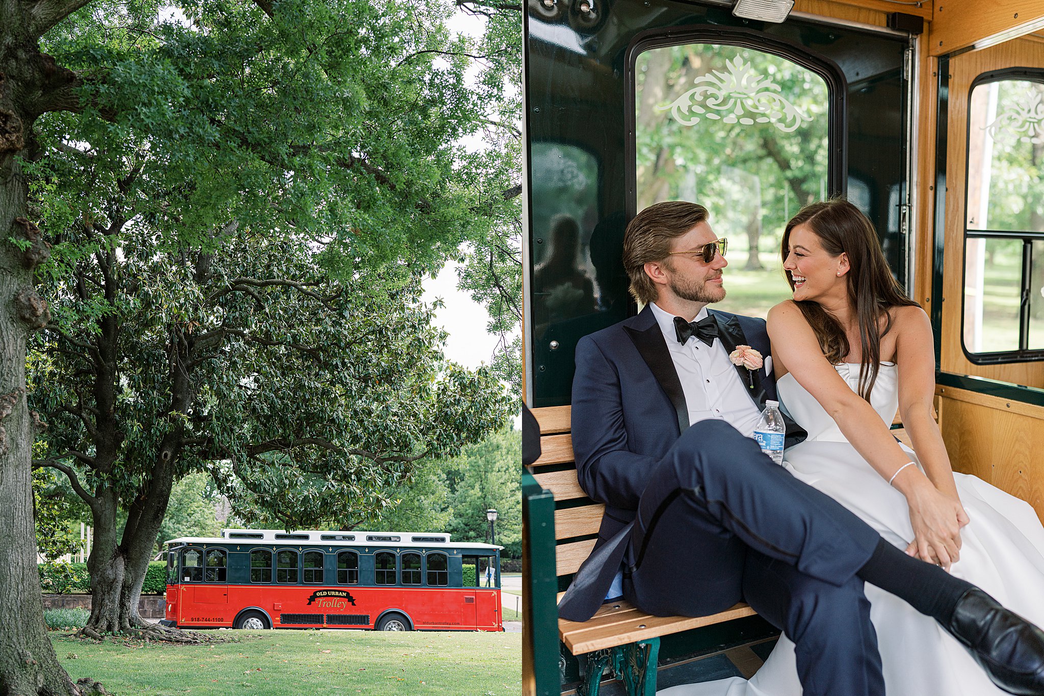 Tulsa wedding photography of Chapman and Libby riding the Old Urban Trolley around downtown Tulsa
