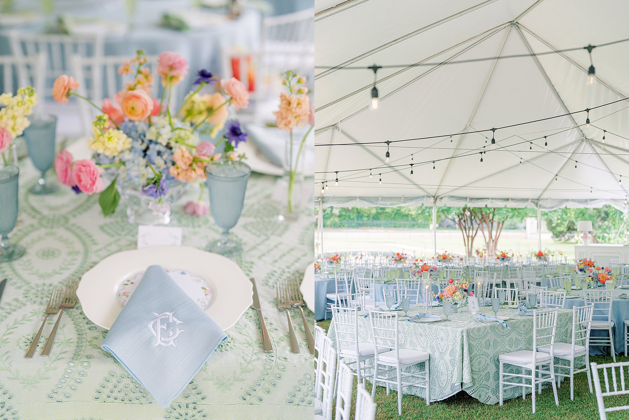 Tulsa wedding photography of wedding reception details including decor, florals, and table settings