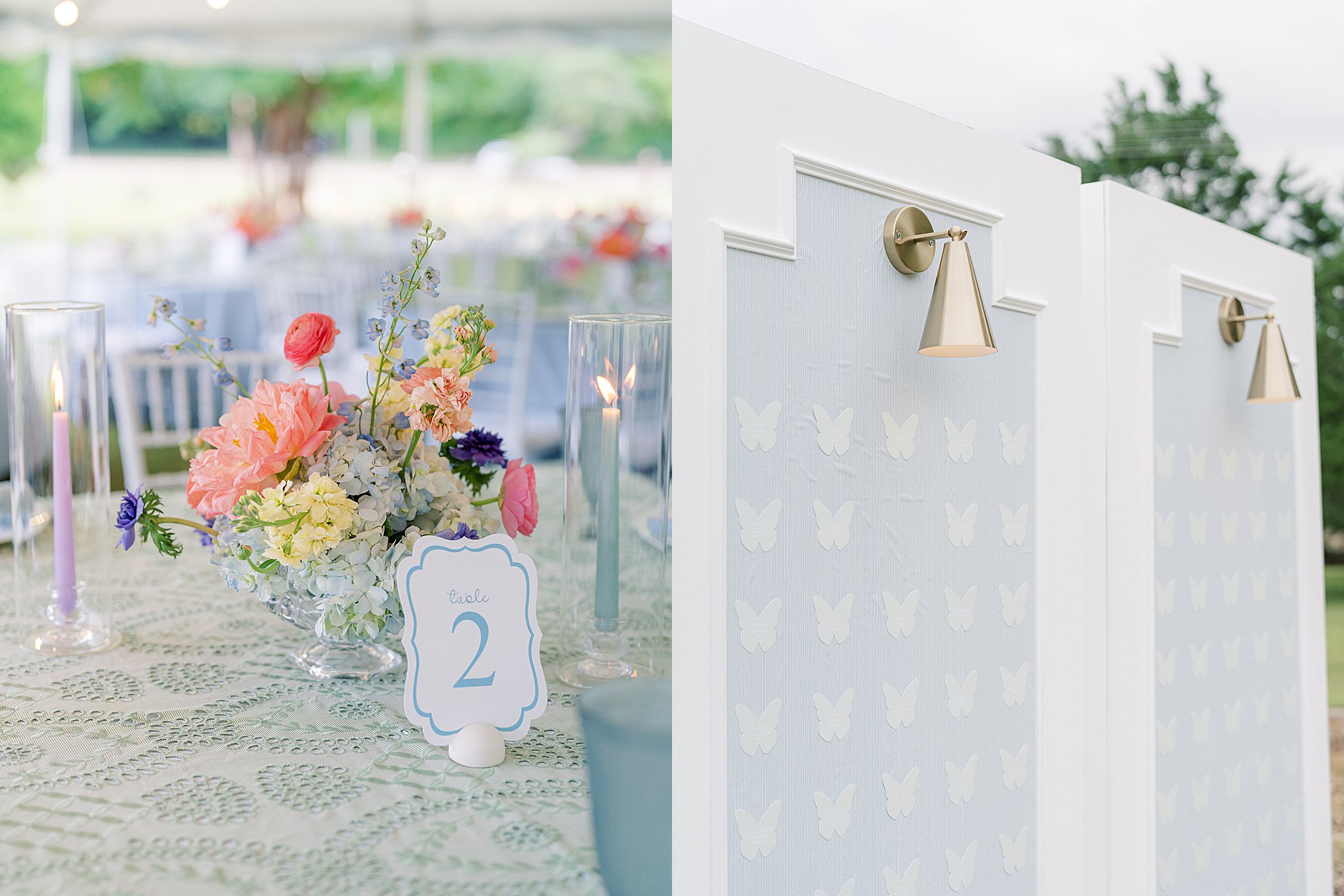 Tulsa wedding photography of wedding reception details including decor, florals, and table settings