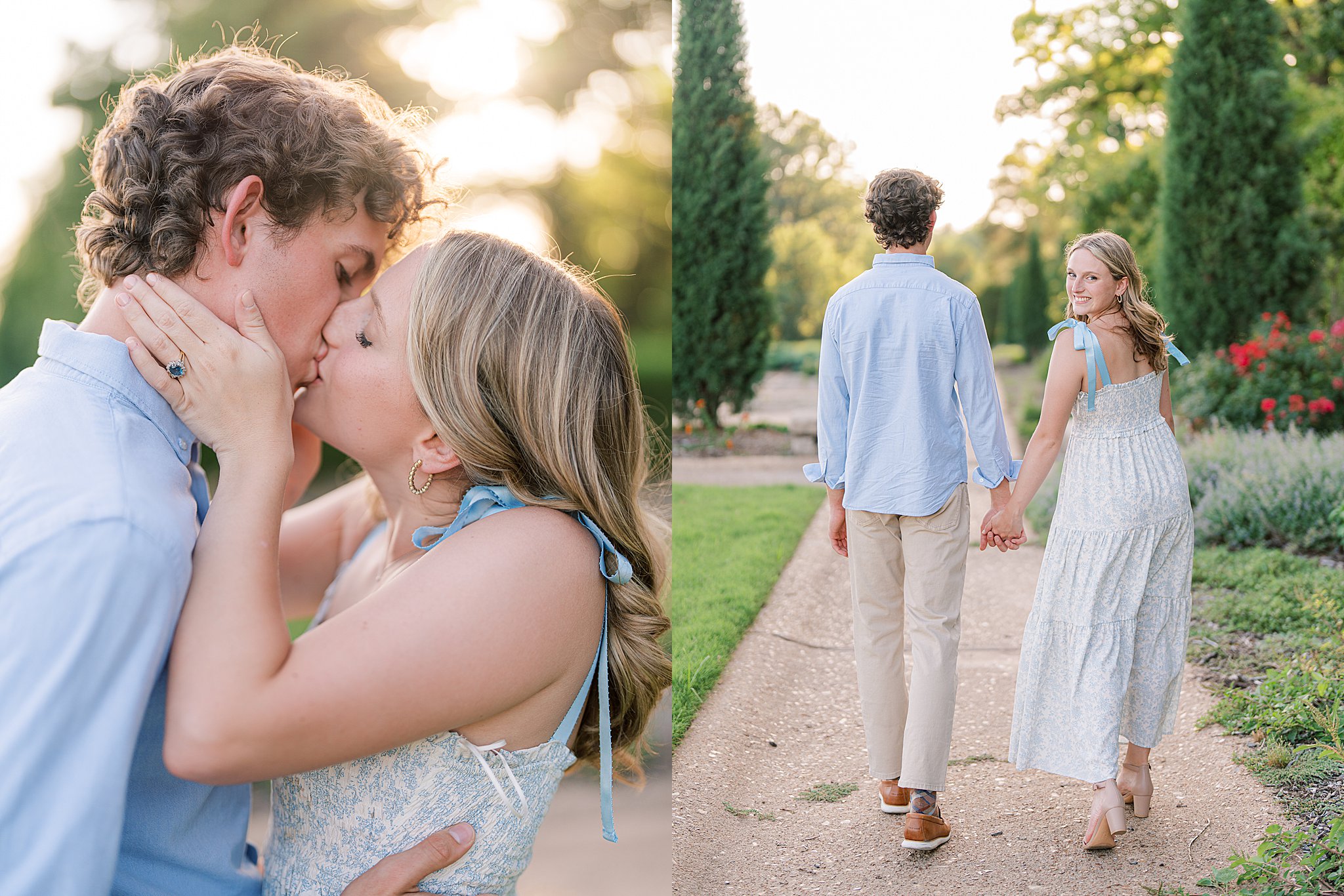 Avery and Cole walking hand in hand during their Tulsa engagement session at golden hour